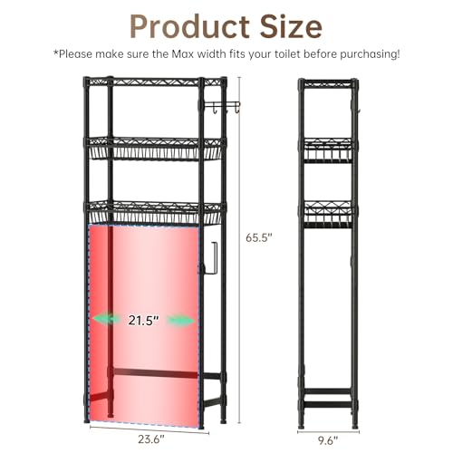 Golpart 3-Tier Over-The-Toilet Storage Shelf,Heavy-Duty Adjustable Bathroom Rack with 2 Mesh Baskets,Toilet Paper Holder & Hooks,Space-Saving Organizer for Bathroom,10”D x 24”W x 66”H,Black - size: Black with Baskets-10"D x 24"W x 66"H