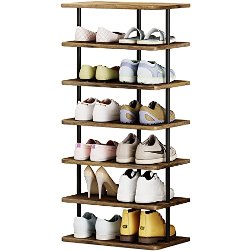 AZERPIAN Shoe Rack 7 Tier Vertical Storage Organizer Double Row Narrow Metal Slim Shelf Modern Free Standing Shoe Tower Saving Space for Closet Entryway Bedroom,Black+Rustic Brown - color: Black+rustic Brown, size: 7 Tier-Double Row
