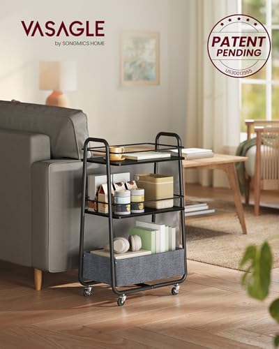 VASAGLE LILEA Collection - Storage Cart with Fabric Basket, 3-Tier Rolling Utility Cart with Wheels and Shelves, for Living Room Bedroom Kitchen, Ebony Black and Slate Gray ULRC001BE02 - color: Ebony Black + Slate Gray, style: 16.9"D x 11.8"W x 31.9"H