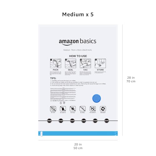 Amazon Basics Vacuum Storage Bags for Clothes, Compression Zipper with Hand Pump, Medium, White, Sky Blue, 5-Pack - size: Medium