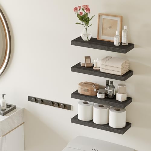 Fixwal 15.8in Floating Shelves, Rustic Wood Finish Wall Shelves Set of 4, Shelves for Wall Decor, with Invisible Brackets for Bathroom, Living Room,Bedroom and Kitchen(Gray) - color: Grey