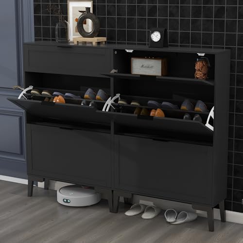 TaoHFE Modern Shoe Cabinet for Entryway - Black Wooden Hidden Shoe Cabinet - Narrow Free Standing 3 Tier Rack - color: Black