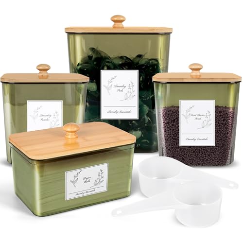 Zingbee 4 Pack Laundry Pods Container & Dryer Sheet Holder, Plastic Pod Holder with Lids & Scoops, Laundry Room Organization and Storage Sets for Powder, Detergent, Scent Booster - color: Clear Green-0