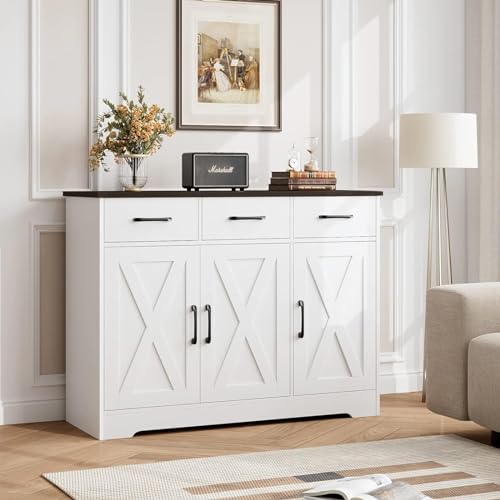 HOSTACK Modern Farmhouse Buffet Sideboard Cabinet, Barn Doors Storage Cabinet with Drawers and Shelves, Wood Coffee Bar with Storage for Dining Room, Kitchen, Living Room, White/Black - color: White/Black