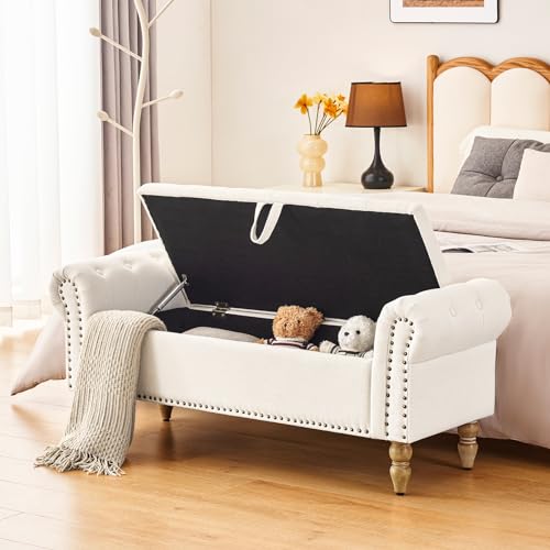 Furnimart Storage Bedroom Bench for End of Bed, Faux Linen Upholstered Storage Ottoman with Rolled Arms for Bedroom,Living Room, Entryway, 2.5Cubic Feet - color: Faux Linen/Beige