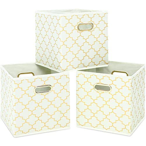 Fabric Cloth Storage Bins,Fabric Cube Organizer with Dual Handles Foldable Cube Storage Baskets for Home Bedroom Storage,Set of 3,(Creamy-White Gold) - color: Creamy-White Gold, size: 3 Pack