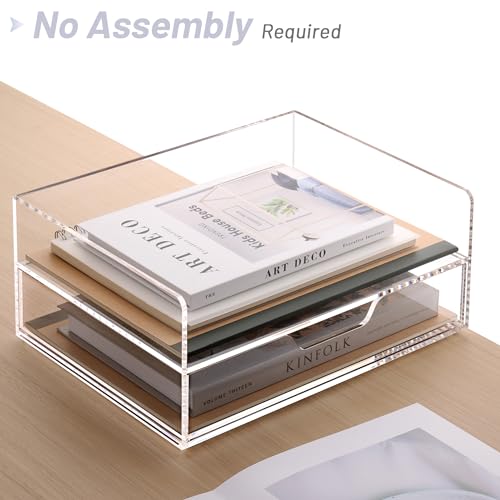 SANRUI 2-Tier Paper Letter Tray Organizer with Sliding Drawer,Stackable Desk Organizer,Acrylic Paper Tray for Office,Home or School,Clear - style: 2 Tier Horizontal File Tray with Drawer