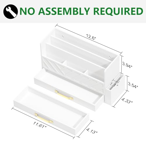 WISUCART Bamboo Desk Organizer Mail Holder Countertop Wood Desk Drawer Tabletop Storage Box Pen Holder Letter Sorter Makeup Organizer for School Home Office Supplies with Pen Holder White - color: White with Pen Holder
