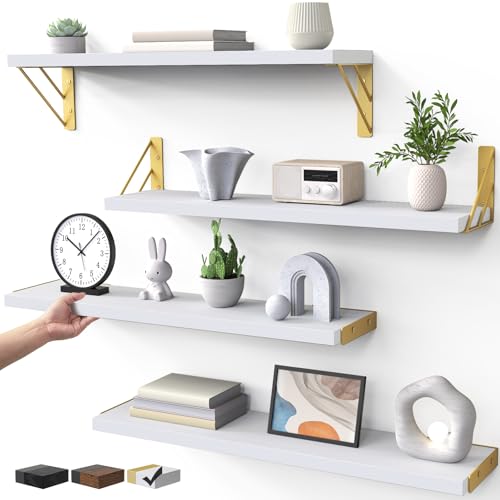 BAYKA Wall Shelves for Bedroom Decor, Floating Wall Shelf for Living Room Kitchen Storage, Mounted Rustic Wood Shelves for Kids Books, Corner Shelf for Bathroom(White and Gold，23in，Set of 4) - color: B. White Board & Gold Brackets, size: 23-inch Standard