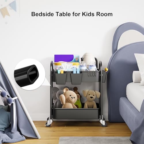 2 Tier Rolling Cart Metal on Wheels, Two Tiered Short Storage Side Table with Wheels, Heavy Duty Under Desk Mobile Trolley, Small Utility Organizer Carts for Craft, Art, Office, Kitchen, Black Basket - color: Matte Black, size: 2 tier