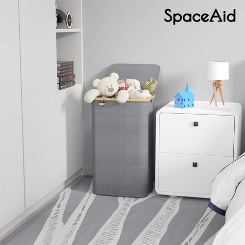 SpaceAid Laundry Hamper with Lid, 110L Large Tall Clothes Basket Bin with Bamboo Handles, Collapsible Laundry Hamper for Bedroom, Bathroom, Dorm, Laundry Room - Grey - color: Grey, size: 110 L