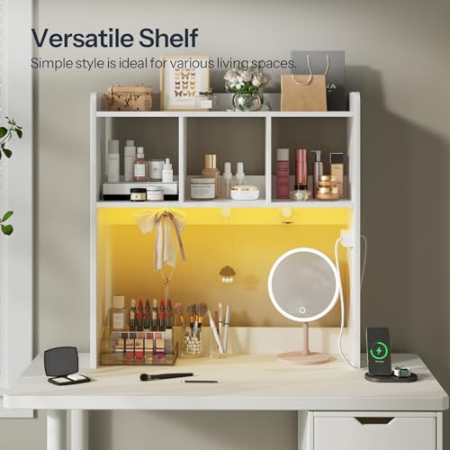 HOOBRO Desktop Bookshelf, Office Desktop Shelf, Desk Hutch with Outlets, Wooden Office Desktop Bookcase, Desktop Organizer Shelf with LED Light Strip and 3 Hooks, for Home, Study, White WT12UDSJ01 - color: White