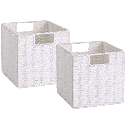 Vagusicc Wicker Storage Basket, Set of 2 Hand-Woven Storage Baskets for Organizing, White Foldable Cube Storage Bins Organizer, 9 x 9 Inch Square Wicker Storage Baskets for Shelves Pantry Decor - color: White, size: 9'' x 9'' x 9''