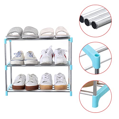 Jucaifu Stackable Small Shoe Rack, Entryway, Hallway and Closet Space Saving Storage and Organization (3-Tier, Blue) - color: Blue, size: 3-Tier