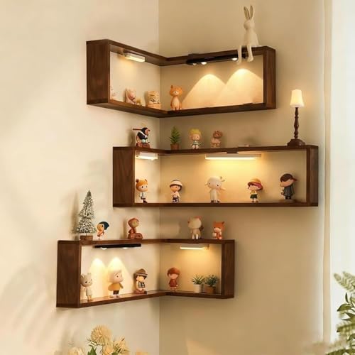 Smart Corner Shelves that Light up Your Space, Set of 3 Corner Floating Storage Shelves,Wooden Wall-Mounted Corner Shelf Display Rack, Space-Saving (Set of 3(LED Light not Included)) - size: Set of 3(LED light not included)