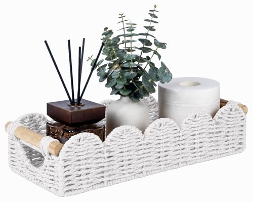 CubesLand Bathroom Basket Organizer w/Cut Out Handle, Back of Toilet Paper Storage Baskets Tray for Bathroom Countertop Decorative, Scalloped Wicker Basket Also for Home Decor, Living Room, White - color: White