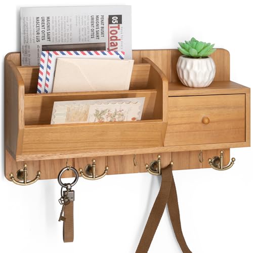 Rebee Vision Key Holder Wall Mount with Mail Organizer - Modern Farmhouse Key and Mail Holder for Wall with Wall Hooks and Drawer - Apartment Essentials for Home Decor Aesthetic(Light Brown) - color: Yellow