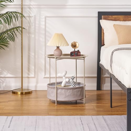 VECELO Round Side/End Table with Fabric Storage Basket，Metal Anti-Rust and Waterproof Small Bedside Nightstand with Removable Tray Top for Living Room，Balcony & Laundry，Grey /2pcs with Basket - color: Grey, size: 2 PCS