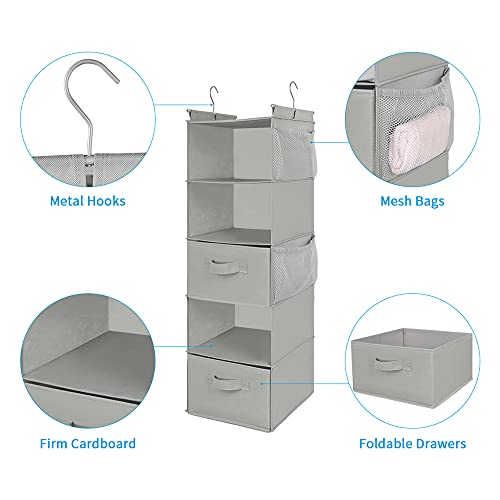 MAX Houser 5 Tier Shelf Hanging Closet Organizer, Cloth Hanging Shelf with 2 Sturdy Hooks for Storage, Foldable (Light Grey-D2) - color: Lightgrey-1