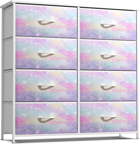 Sorbus Kids Dresser with 8 Drawers - Storage Chest Organizer Unit Nightstand - Steel Frame, Wood Top, Tie-Dye Fabric Bins for Clothes - Wide Furniture for Bedroom, Hallway, Nursery, Closet, Apartment - color: Rainbow Sparkle, style: 8-Drawer