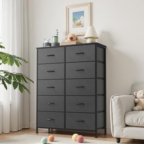 Sweetcrispy 10 Drawer Dresser, Tall Fabric Dresser for Bedroom, Storage Tower with Bins Chest Organizer Unit for Closet, Hallway, Steel Frame Wood Top, Easy Pull Handle, Grey - color: Grey