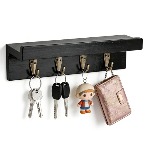 Gulex Key Holder Wall Mount, Rustic Wood Key Holder for Wall with 4 Hooks for Key Hanger to Organize Keys and Mail, Room Decor Key Hanger(Black) - color: Black
