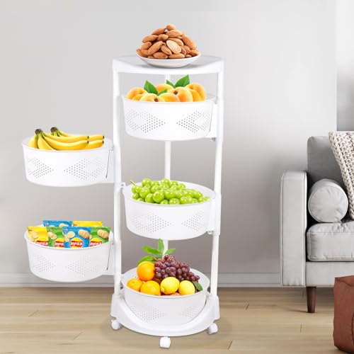 5 Tier Round Rotating Multi-Layer Kitchen Storage Shelf, Fruit Vegetable Storage Basket with Lockable Casters for Living Room Kitchen Home (White)