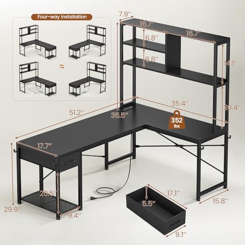 SEDETA L Shaped Gaming Desk, 51.2" Reversible Small Corner Desk with Drawer, Power Outlet & LED Lights, Computer Desk with Storage Shelves for Small Space, Black - color: Black