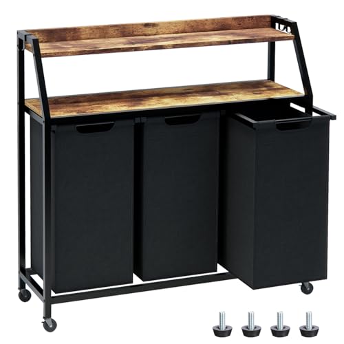 Timberer Laundry Hamper, Laundry Sorter 3 Section, Rolling Laundry Basket with Wheels, 2 Shelves, 3 × 14.5 Gal, Pull-Out and Removable Oxford Fabric Bags, for Laundry Room, Black and Rustic Brown - color: Black + Rustic Brown, size: 3 Bags (40.9"L x 12.9"
