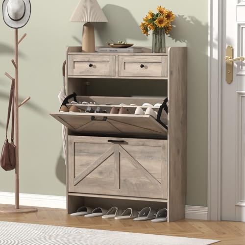 Thacuok Shoe Cabinet with 2 Flip Drawers & 2 Storage Drawers, Rustic Farmhouse Narrow Shoe Organizer Cabinet, Slim Shoe Rack Cabinet, Shoe Storage Cabinet for Entryway, Hallway - color: Grey, size: 2 Drawers
