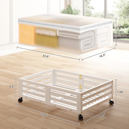 Under Bed Storage Containers With Wheels - 2 Pcs Bamboo Wood Rolling Underbed Shoe Storage Bins With Dust Bags for Clothes Blankets, Duvet Covers Snacks Toys (White) - color: White, size: M