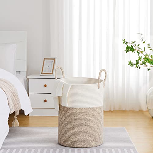 VIPOSCO Large Laundry Hamper, Tall Woven Rope Storage Basket for Blanket, Toys, Dirty Clothes in Living Room, Bathroom, Bedroom - 72L White & Brown - color: Brown, size: 72L