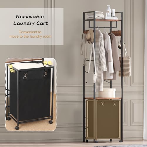 Coat Rack with Laundry Basket, Laundry Hamper Freestanding Hall Tree, Clothes Rack with Storage Shelves, 14.5 Gal Removable Bags on Wheels, Black and Brown JLH005SR - color: Black and Brown