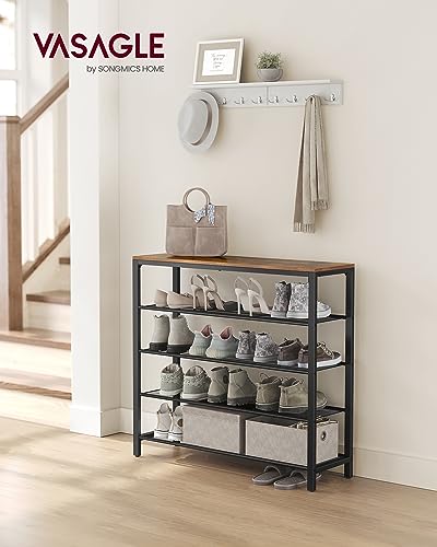VASAGLE Shoe Rack, 5-Tier Shoe Storage Organizer with 4 Metal Mesh Shelves for 16-20 Pairs and Large Surface for Bags, for Entryway, Hallway, Closet, Industrial, Rustic Brown and Black ULBS15BX - color: Rustic Brown, size: 5 Tiers (39.4"W)