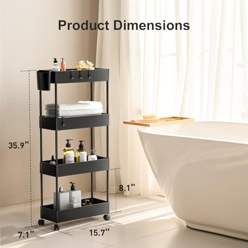 Pipishell Slim Storage Cart with Wheels - Bathroom Cart Organizer Storage, 4 Tier Rolling Carts for Bathroom, Laundry Room, Kitchen, Narrow Space, Black PIUC05 - color: Black, size: 4-Tier