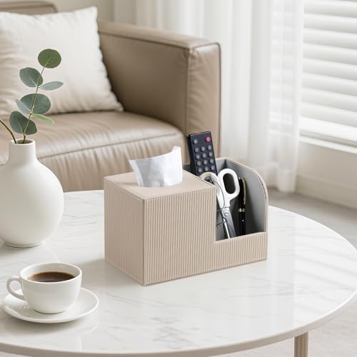 Square Tissue Box Cover with 2 Compartments Storage Organizer, PU Leather Tissue Box Holder with Remote Control Holder for Livingroom Nightstand, Multifunctional Cube Tissue Holder (Beige) - color: Beige