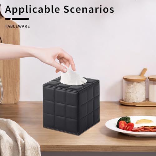 Tissue Box Cover Square Tissue Box Holder PU Leather Facial Organizer with Magnetic Bottom,Decorative Napkin Caddy for Vanity Dresser Night Stand Table Countertop Home Office Car,Black - color: Square Tissue Box-black Grid