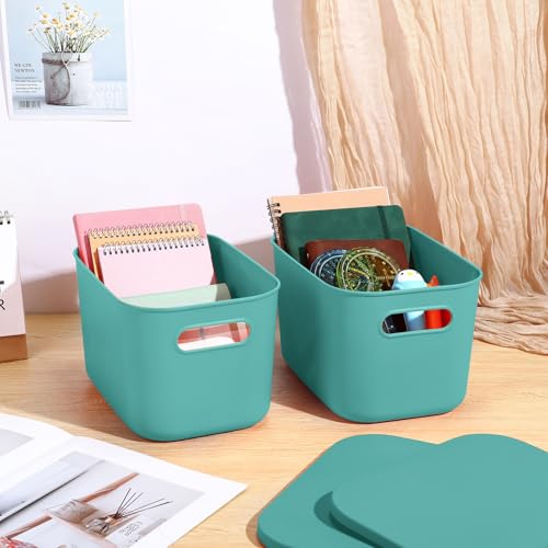 Hoolerry 8 Pieces Colorful Storage Bins with Lid, Plastic Storage Basket Organizing Container Stackable Box with Handle for Shelves Desktop Playroom Office(10.2 x 7 x 6.3 Inch,Green) - color: Green, size: 10.2 x 7 x 6.3 Inch