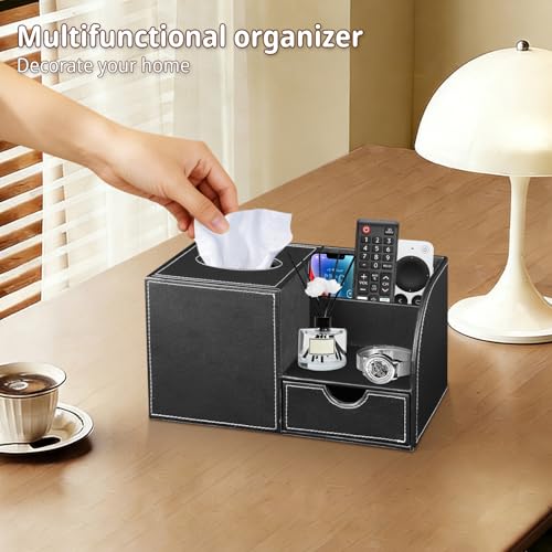 Nightstand Organizer with Tissue Holder,PU Leather Square Tissue Box Cover,Modern Facial Paper Organizer Storage Box for Remote Control,Bathroom,Vanity Countertop,End Table Home Office.Black - color: Black