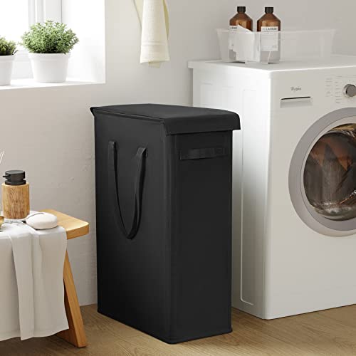 Chrislley 60L Slim Laundry Hamper with Lid Narrow Laundry Basket with Handle Upgrade Foldable Dirty Clothes Hamper Portable Skinny Hamper Organizer Storage Bins (25.6 inches, black) - color: black