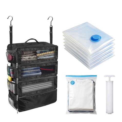 Suitcase Organizer, Travel Luggage Organizer Portable Hanging Travel Shelves Collapsible Hanging Packing Cubes for Carry on Suitcase with 5 Medium Vacuum Storage Bags and Hand Pump,Black