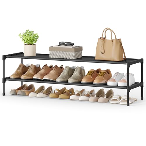 SONGMICS Shoe Rack, 2-Tier Shoe Storage Organizer, Space-Saving, 11.7 x 36.1 x 12.2 Inches, Entryway, Metal Frame, Non-Woven Fabric Shelves, Ink Black ULSH032BH01 - color: Ink Black, size: 2 Tiers (36.1"W)