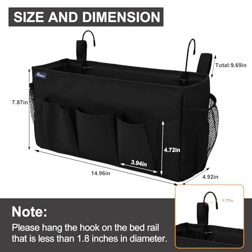 Surblue Bedside Organizer with Hook Bedside Caddy Hanging Storage Bag with Adjustable Strap and Water Bottle Holder for Home College Dorm Bunk Bed Accessories, Crib Bed Rail, Hospital Bed, Black, 2PCS - color: 2Pcs Black