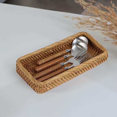 Rattan Bathroom Tray Countertop, Wicker Toilet Tank Basket, Decorative Bathroom Vanity Tray for Decor Coffee Table - size: 9.8" x 5" x 1.4"