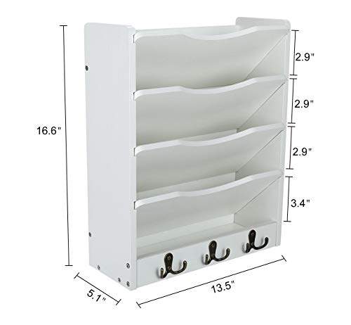 PAG 5-Tier Wall File Holder Hanging Mail Organizer Wood Magazine Literature Rack with 6 Hooks, White - color: White