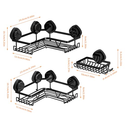 KEGII Corner Shower Caddy Suction Cup, Corner Shower Shelves with Soap Holder, No Drilling Suction Cup Bathroom Organizer with Hooks, Removable Bathroom Storage Rack, 3 Pack - Black