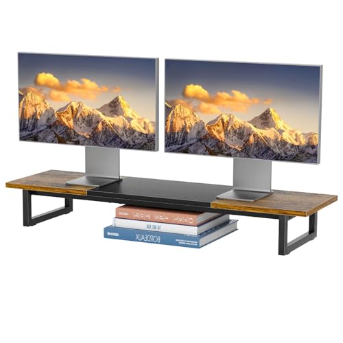 Simple Trending 38 Inch Dual Monitor Stand Riser, Wood and Steel Desktop Organizer for Home Office, Wood and Blck - color: Rustic Brown and Black