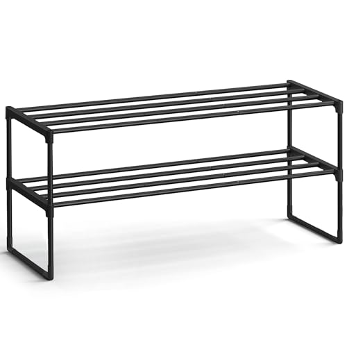 SONGMICS Shoe Rack, 2-Tier Shoe Organizer, Metal Storage Shelf, Upright or Upside Down, for 12-15 Pairs, Stackable, for Entryway, 11.8 x 36.2 x 14.6 Inches, Black ULSA12BK - color: Black, size: 2 Tiers (36.2"w)