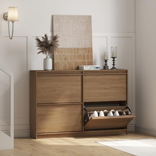 Shoe Storage Cabinet for Entryway with 4 Flip Drawers, Wooden Shoe Organizer Cabinet with Adjustable Shelf, Slim Freestanding Shoe Rack for Entryway, Hallway, Living Room, Walnut - color: Walnut