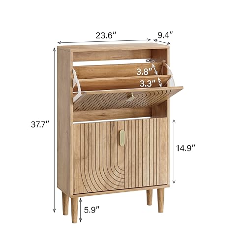 Smuxee Shoe Cabinet with 2 Flip Drawers, 23.6" Oak Hidden Shoe Storage Cabinet with Line Groove Design, Freestanding Shoe Organizer Cabinet for Entryway, Hallway, Living Room - color: Oak With Flip Drawers, size: 23.6" (60 cm)